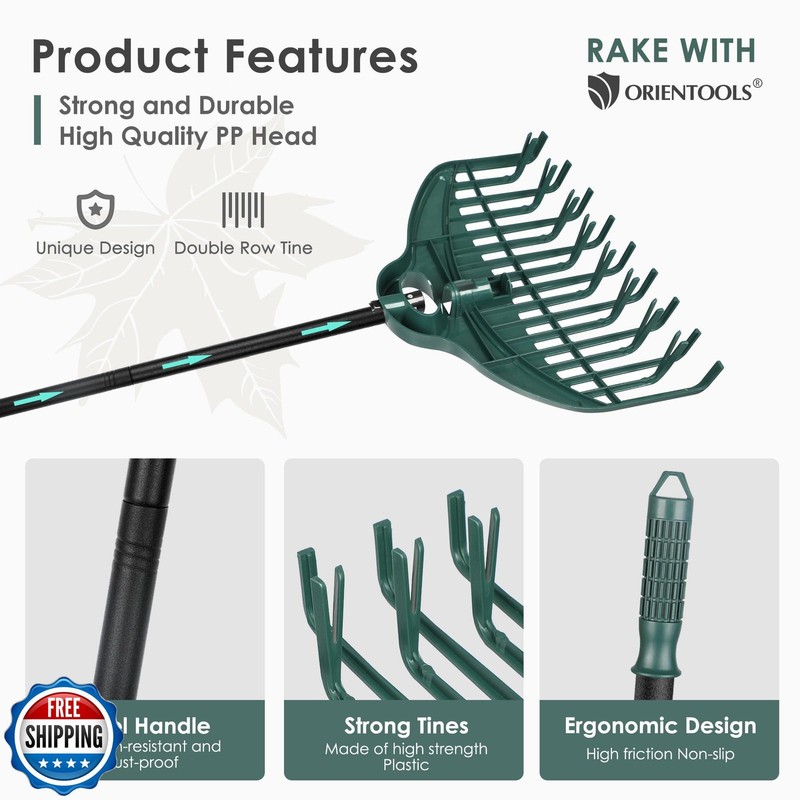 ORIENTOOLS 17Tines Double Row Garden Rake Set with 9Tines Leaf Hand Rakes, 27 gallery