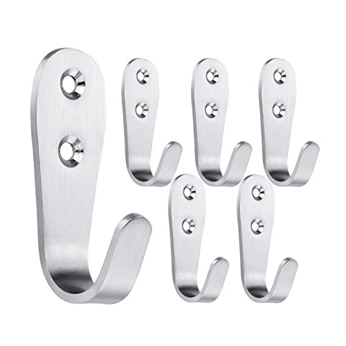 Coat Hooks Wall Mounted, 6 Pack Single Door Hooks Heavy Duty Brushed Silver