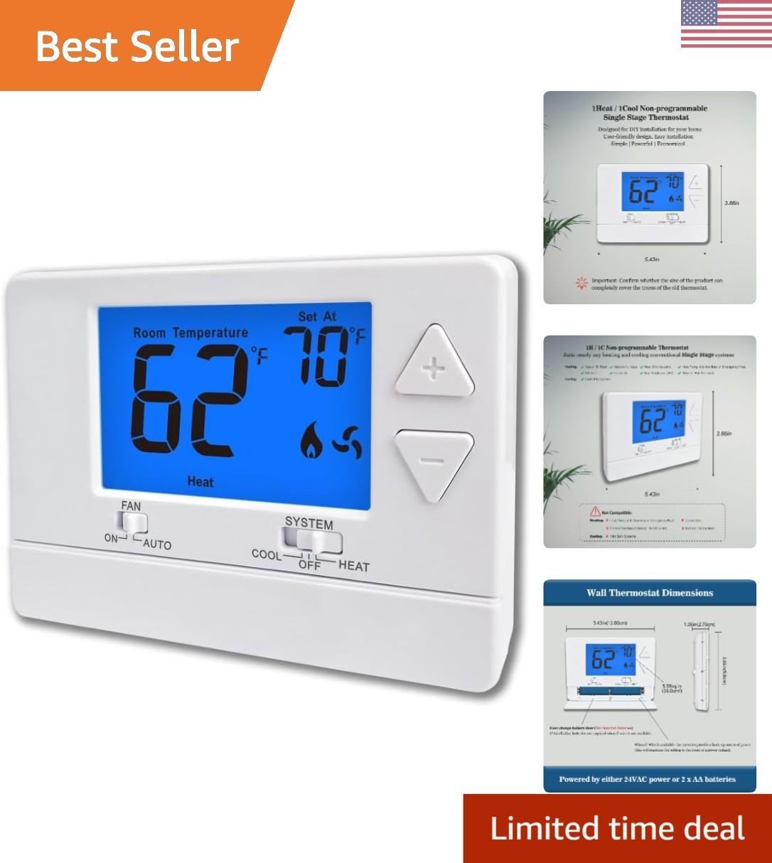 Non Programmable Thermostat for Home 1 Heat/ 1 Cool Single-Stage System, with Ro gallery