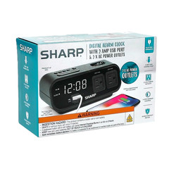 SHARP LED Digital Alarm Clock, 2 AMP fast Charge USB Ports & 2 AC Power Outlets