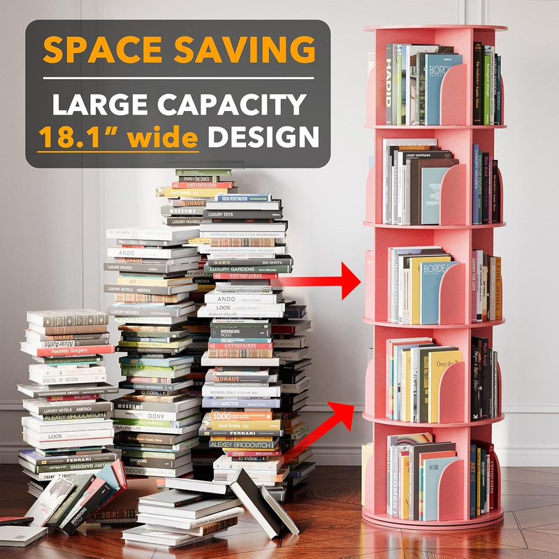 Pink 5-Tier Rotating Bookshelf Tower - 360° Spinning Bookcase Organizer gallery