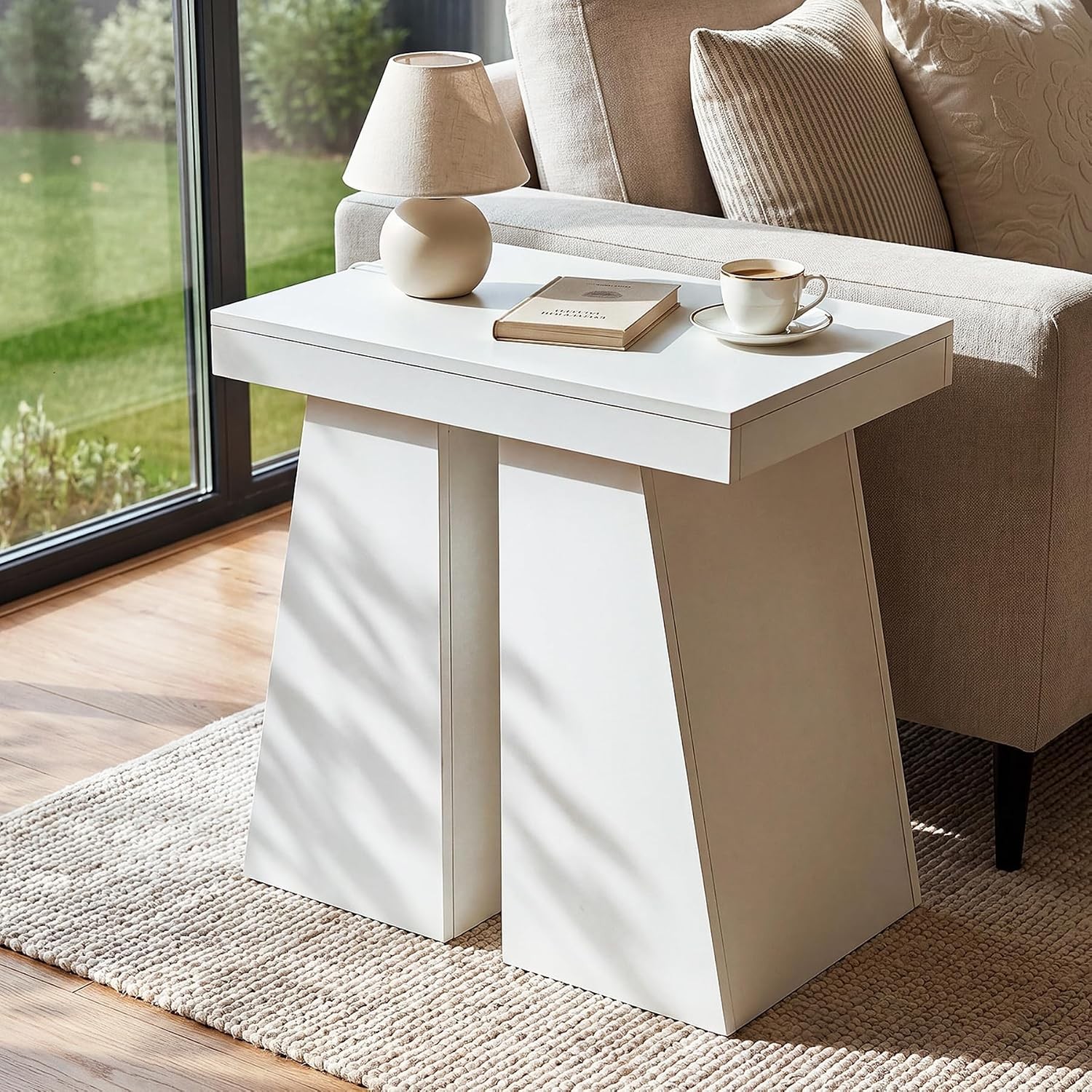 24" Modern Side Table, Wooden End Table with Trapezoid Base Farmhouse Nightstand gallery