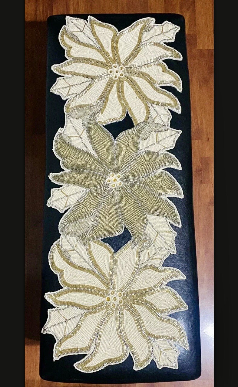 CYNTHIA ROWLEY BEADED CENTERPIECE TABLE RUNNER GOLD POINSETTIAS 14” x 37” NEW gallery