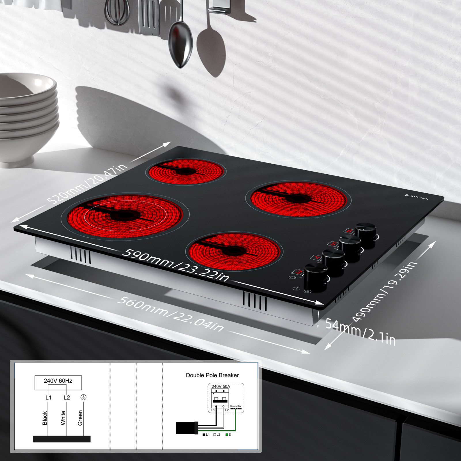 24"4Burner Built-in Electric Cooktop Ceramic Stove Top Knob Control Timing 6700W gallery