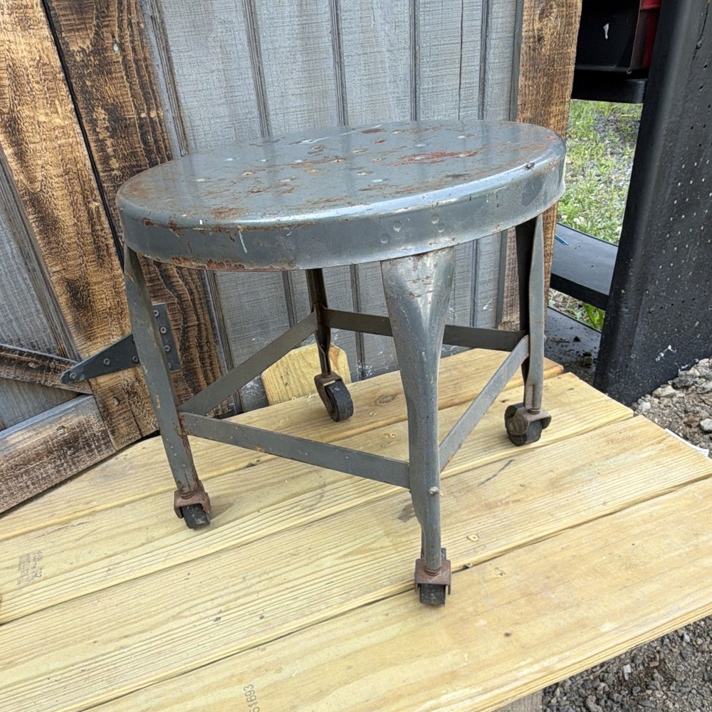 Authentic Toledo Gray Metal Rolling Stool with Casters, Round Seat, 16-25in