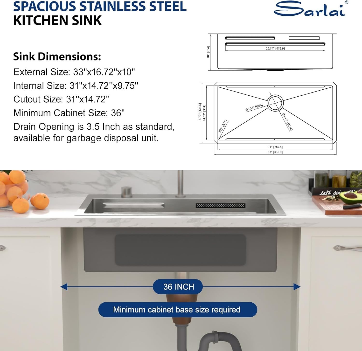 Sarlai 33" Waterfall Undermount Kitchen Sink Workstation 16 Gauge w/Faucet gallery