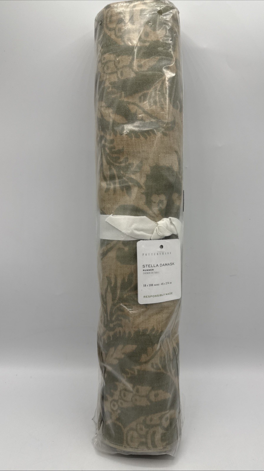 Pottery Barn Stella Damask Table Runner 18”x108” In Green NWT 100% Cotton gallery