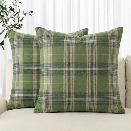 Spring Summer Green Khaki Plaid Decorative 18" x 18" (Pack of 2) Green/Khaki gallery