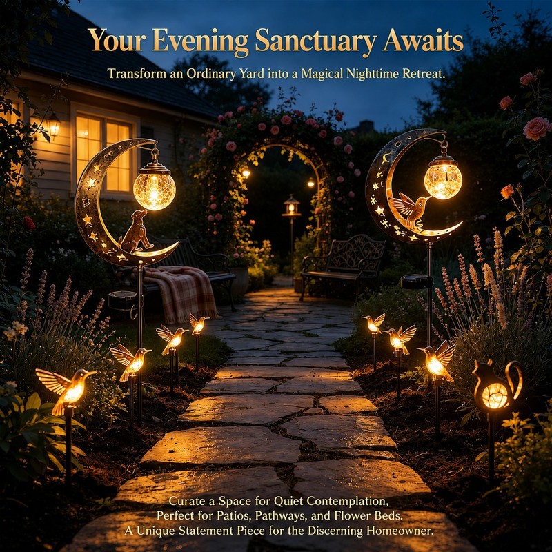 Hummingbird Half Moon Solar Stake Lights Crackle Glass Globe LED Pathway Decor gallery