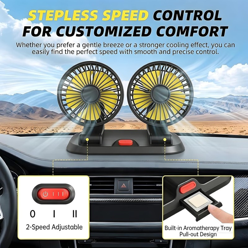 12V Dual Head Adjustable Dashboard Car Cooling Fan with Cigarette Lighter gallery