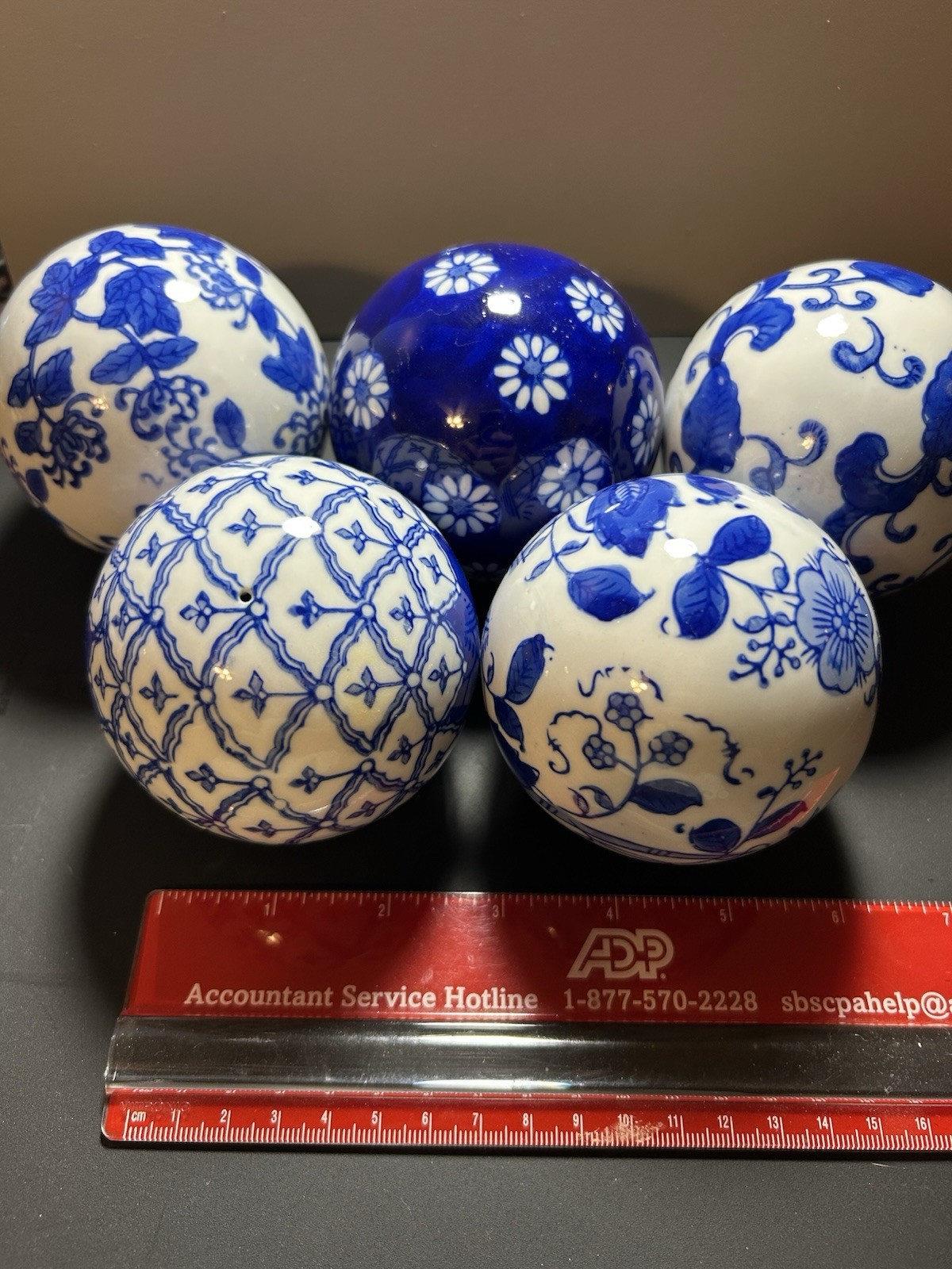 5 Blue And White Decrotive Carpet Balls/Orbs 3” Diameter Decour gallery