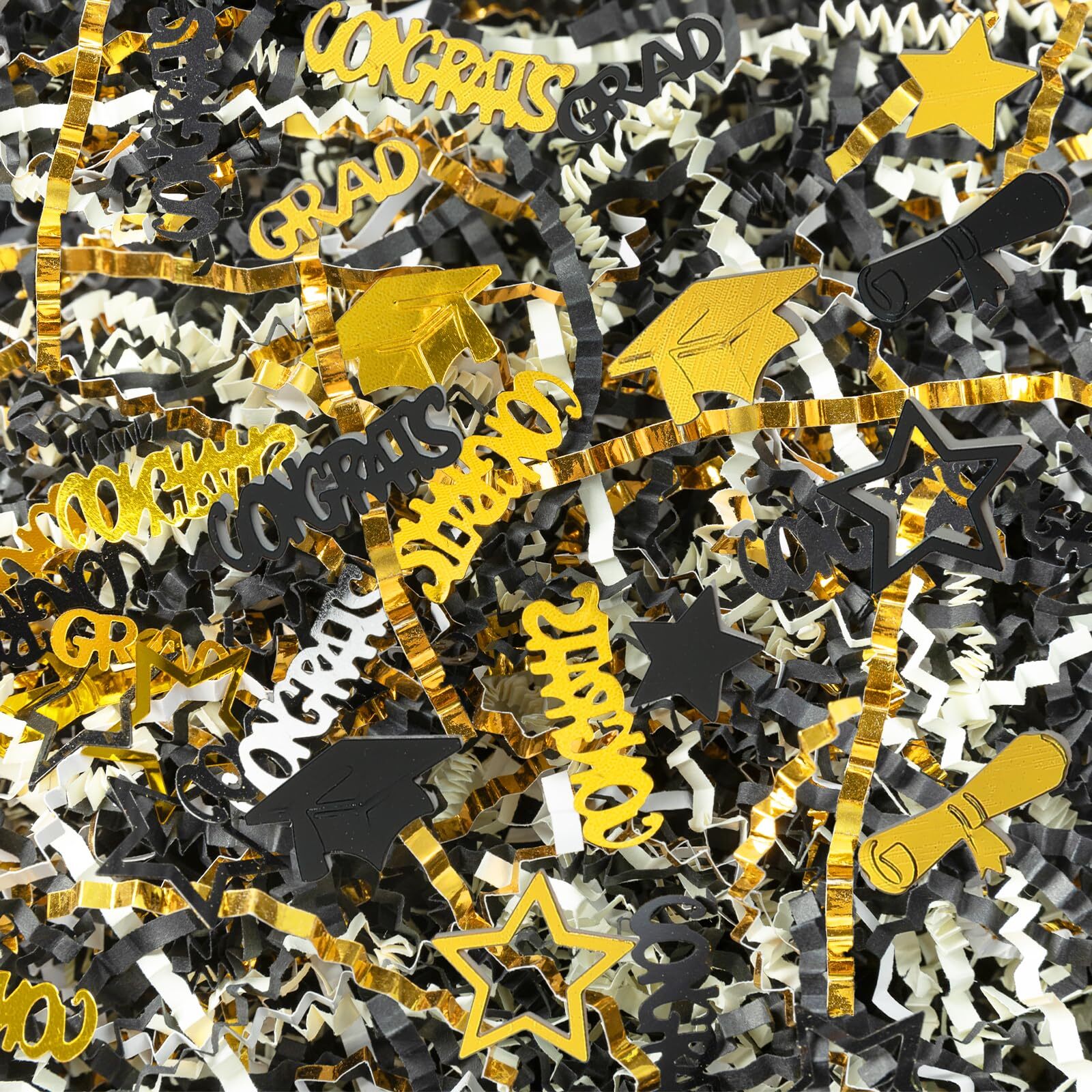 16oz Graduation Crinkle Cut Paper Shred 3 Colors Black Gold White Raffia Pape... gallery