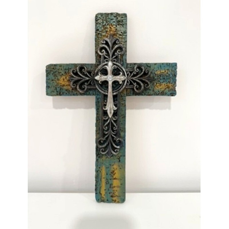 Rustic Turquoise Wall Cross Christian Faith Metal Overlay Southwest Decor 15 in gallery