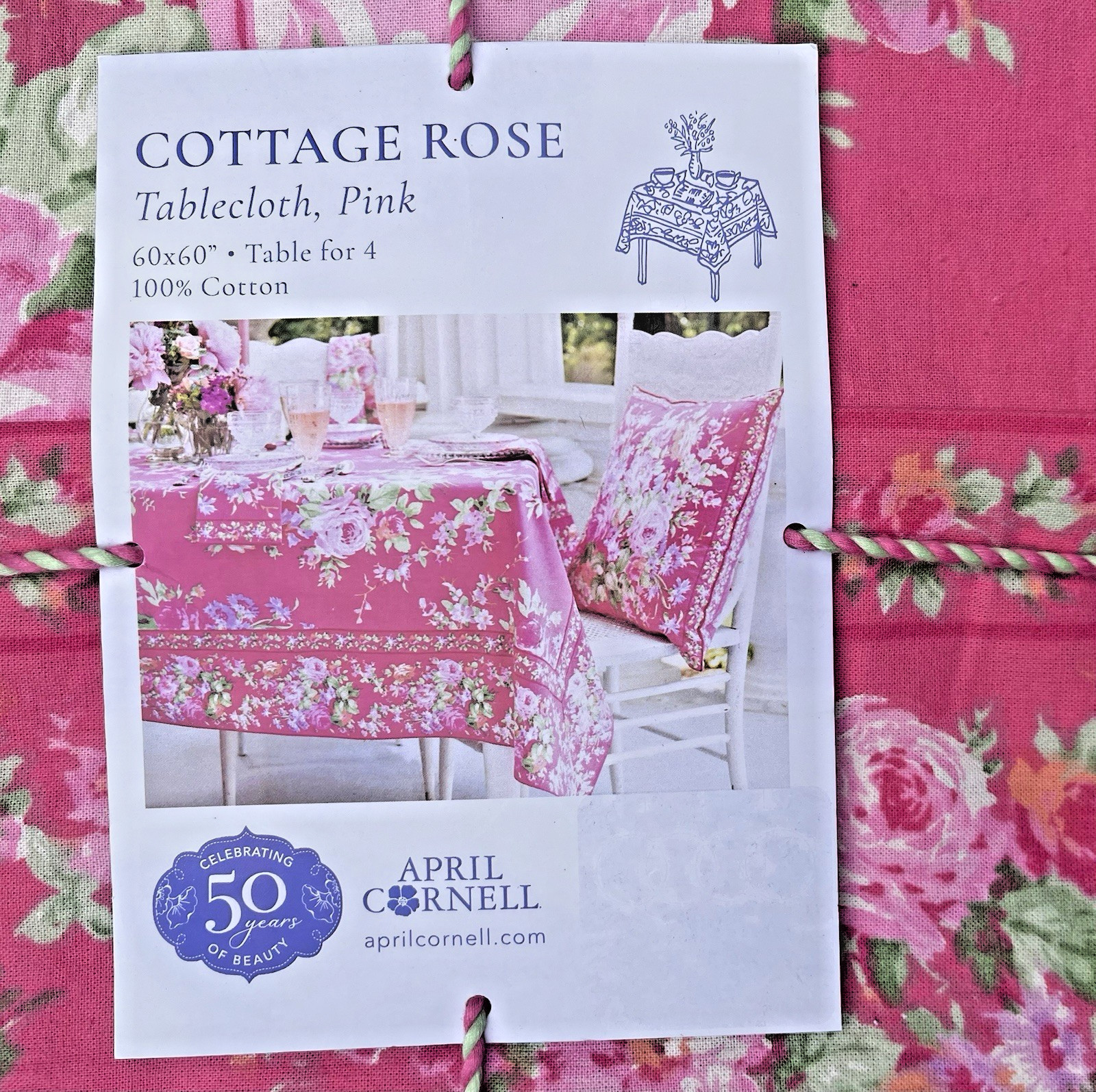 APRIL CORNELL COTTAGE ROSE (Pink) 60" x 60" SQUARE TABLECLOTH 100% COTTON - NWT gallery