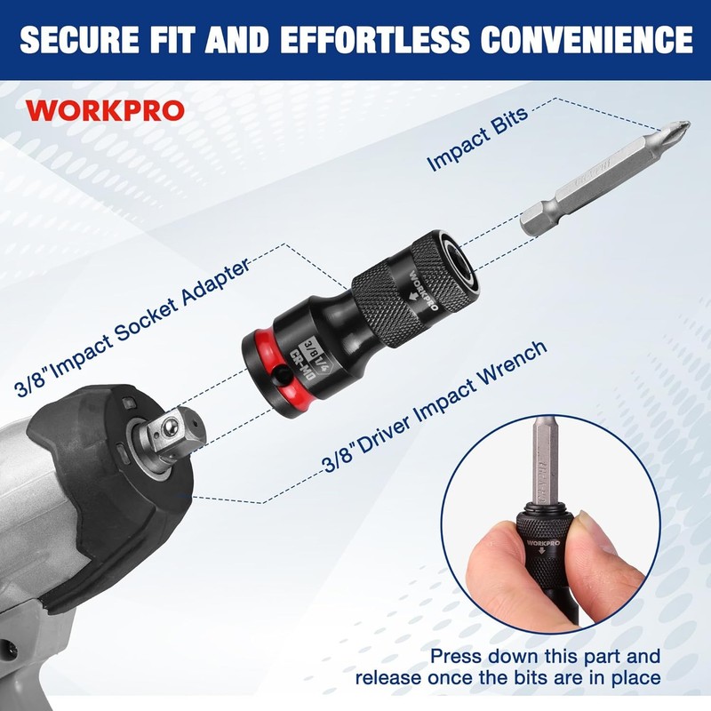 WORKPRO 3/8" Square to 1/4-in Hex Quick Release Bit Holder Impact Socket Adapter gallery