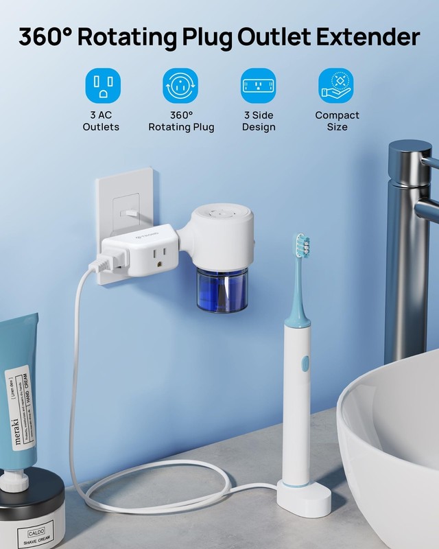 360° Rotating Outlet Extender Adapter, 3 Grounded Sockets, Multi Plug Expander f gallery
