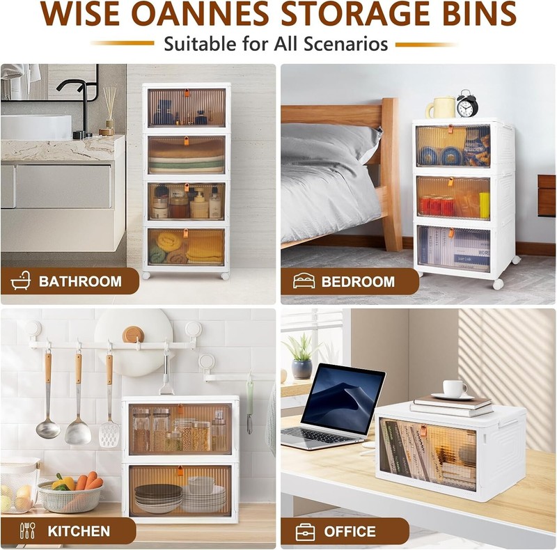 Upgrade Your Space: 4-Tier Plastic Storage Boxes with Translucent Doors & Wheels gallery