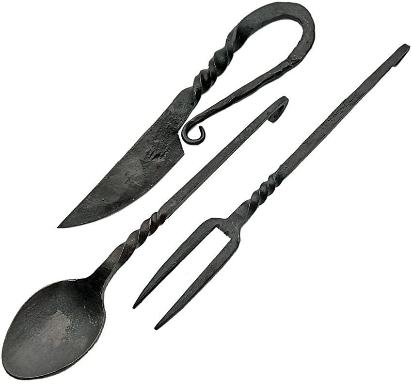 Medieval Round Feasting 3pc Set Carbon Steel Fork Spoon Knife Twisted Handles gallery
