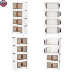 4 Tier Stackable Storage Bins with Lids Doors Wheels Storage Drawer (Clear)
