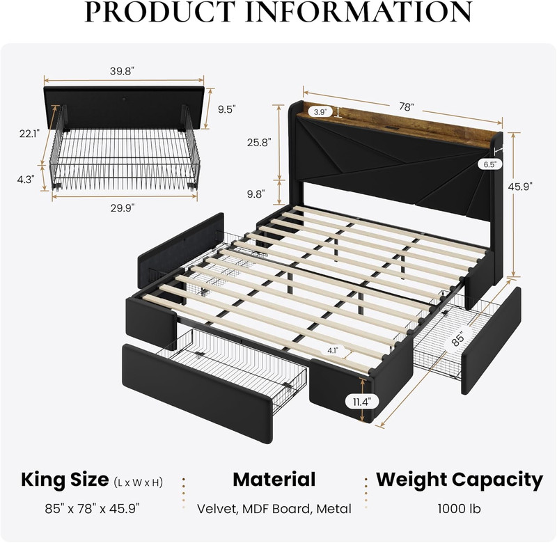 SHA CERLIN King Size Bed Frame with 3 Drawers, USB & Type-C Charging Ports, Velv gallery