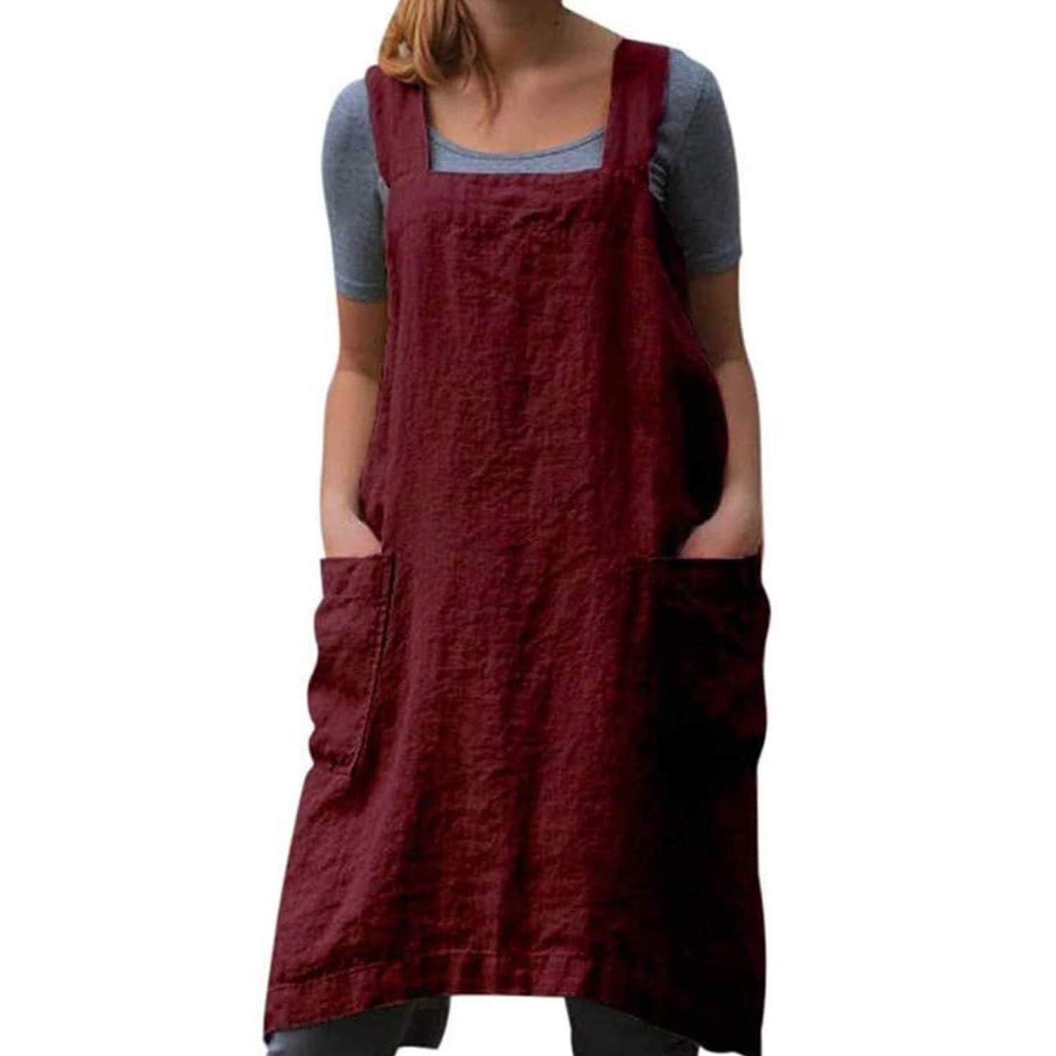 Cotton Linen Apron Cross Back Apron for with Big Pockets Square Pinafore Dres... gallery