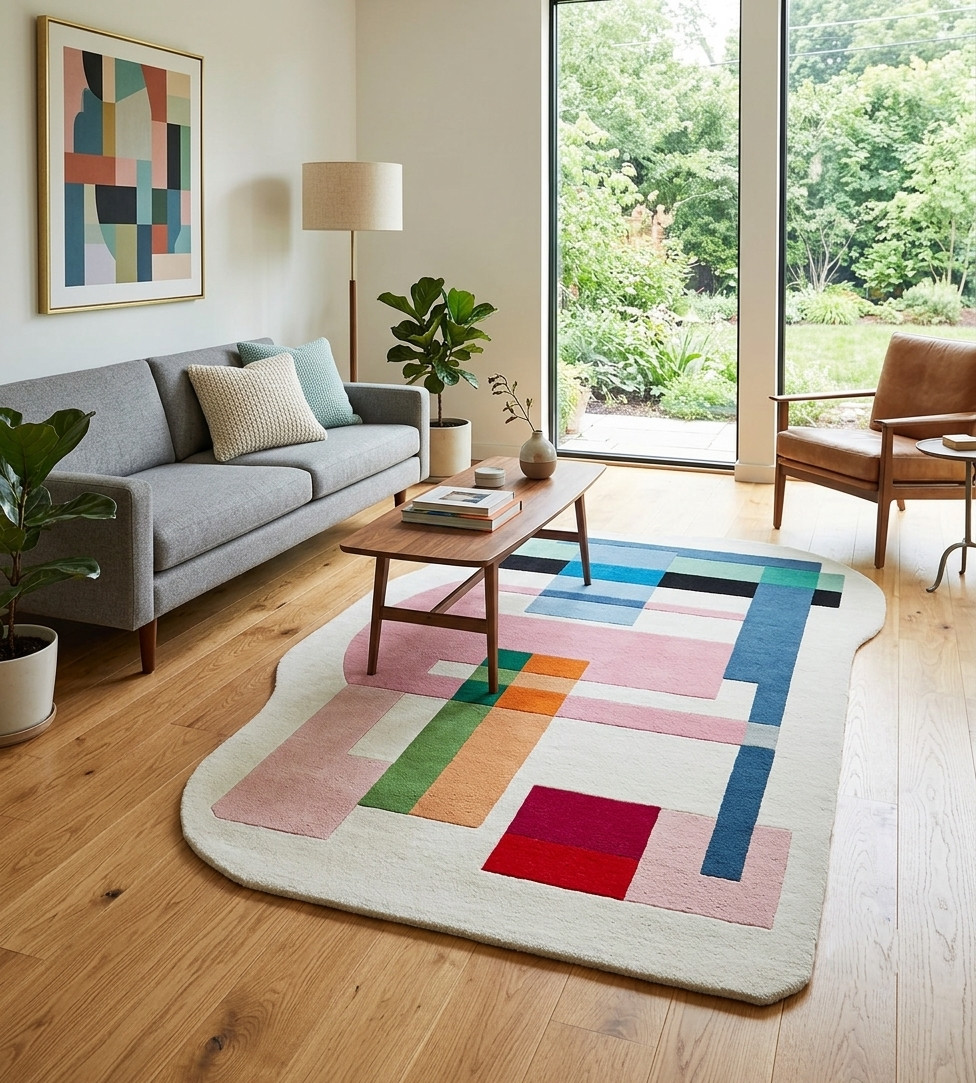 Irregular Hand Tufted Wool Rug Abstract Multi Color Custom Design Bedroom Carpet gallery
