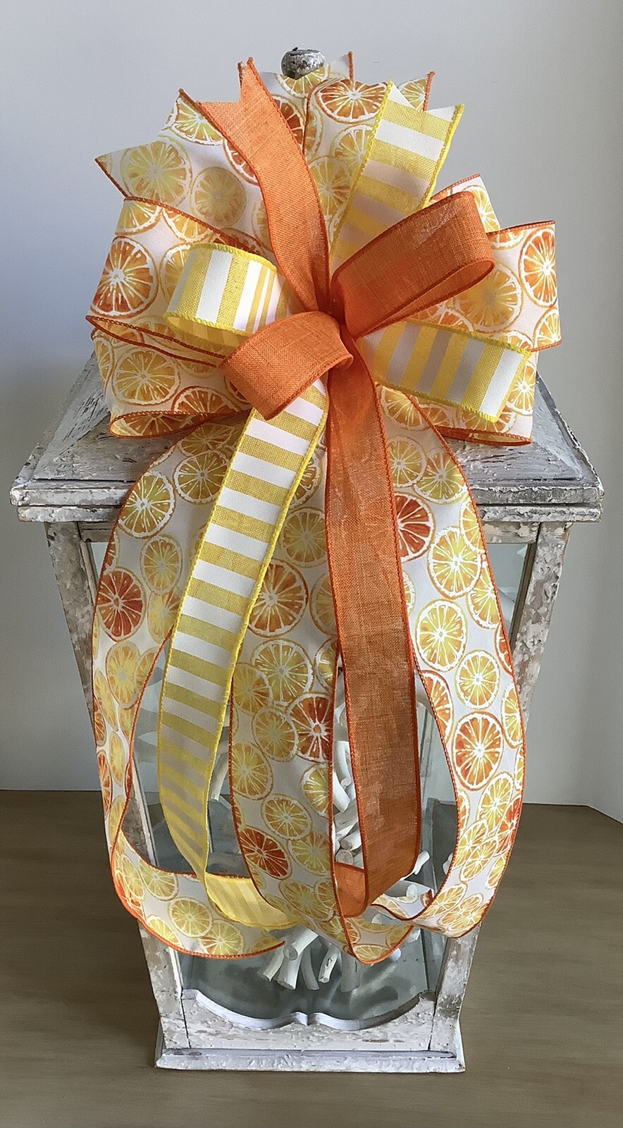 10" Handmade Orange Yellow White Spring Wired Wreath Bow - Orange Slices gallery