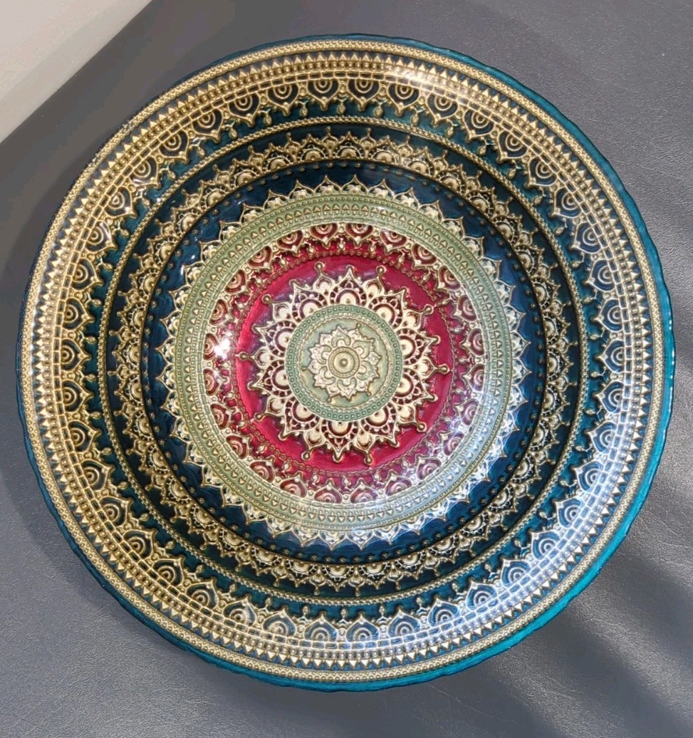 Turkish Decorative Bowl HandPainted Mandala Relief Pattern Red & Teal Large gallery