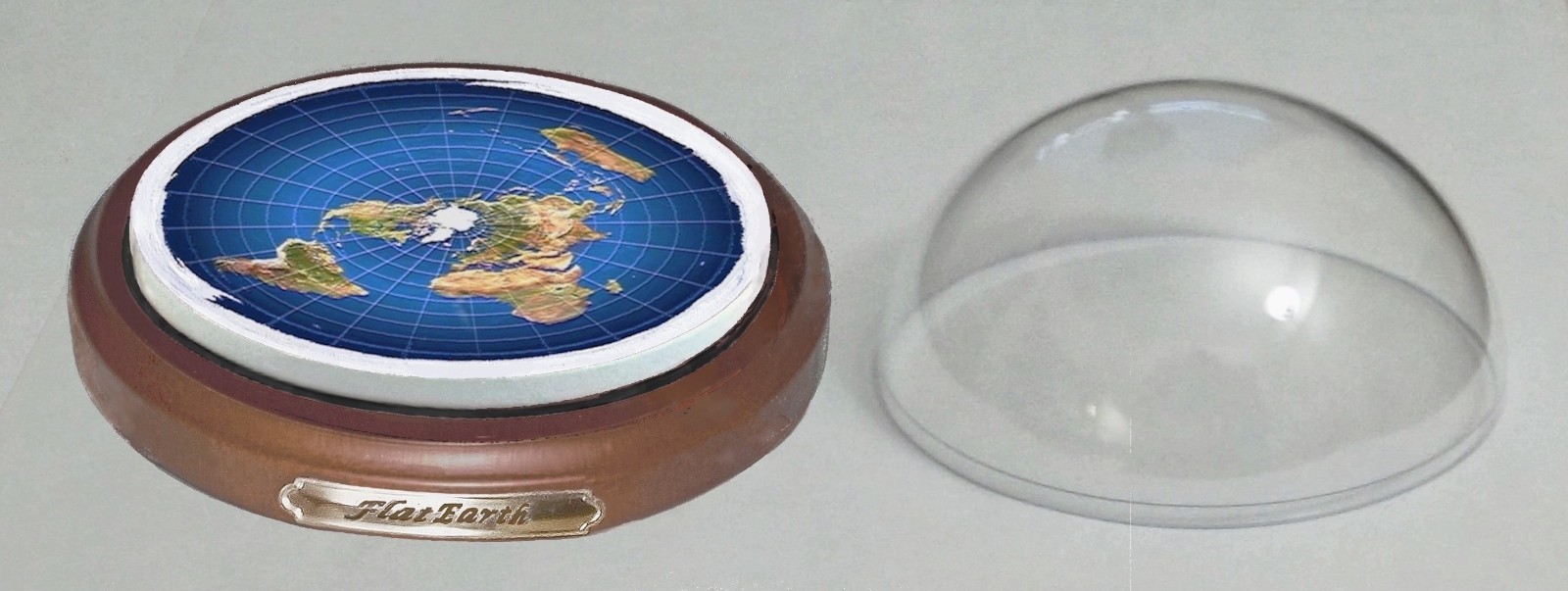 Flat Earth Map Dome Display Model - wood base, acrylic dome, gift gallery