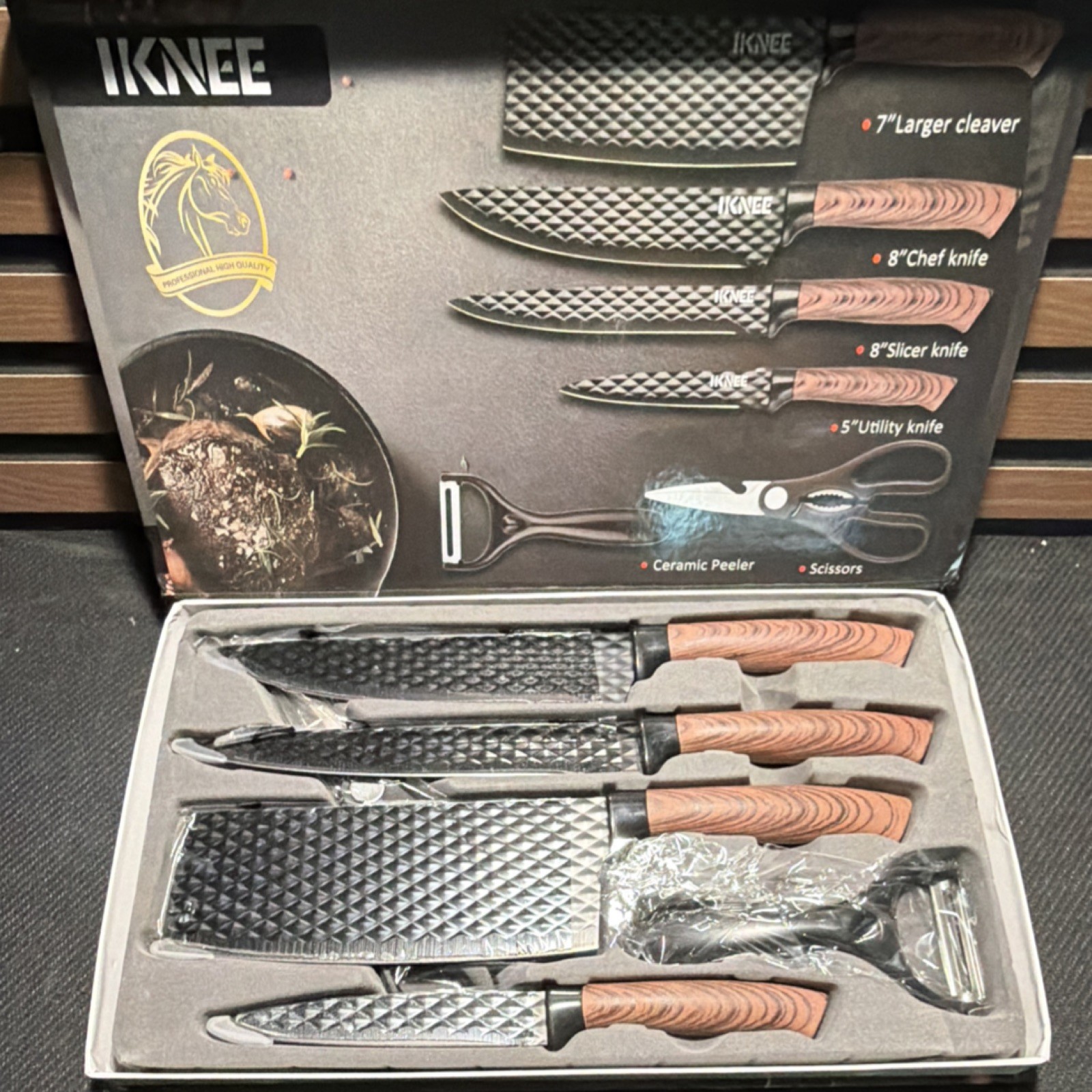 IKNEE Kitchen Knife Set: Cleaver, Chef, Slicer, Utility, Peeler, Scissors, PP gallery