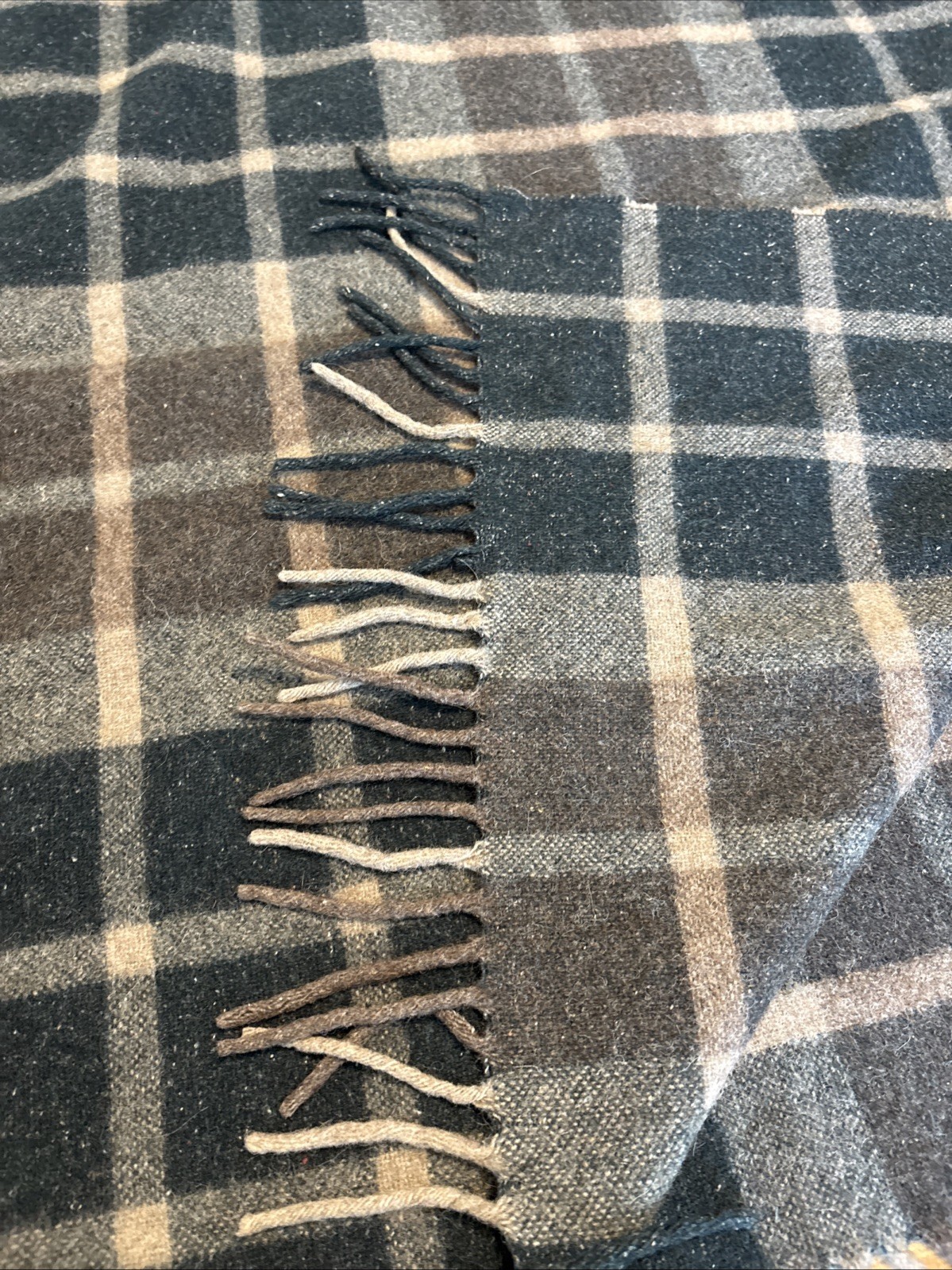 Alpaca Wool Blend Throw Blanket Plaid Green Brown Cream Fringed 62 in / 53 in gallery