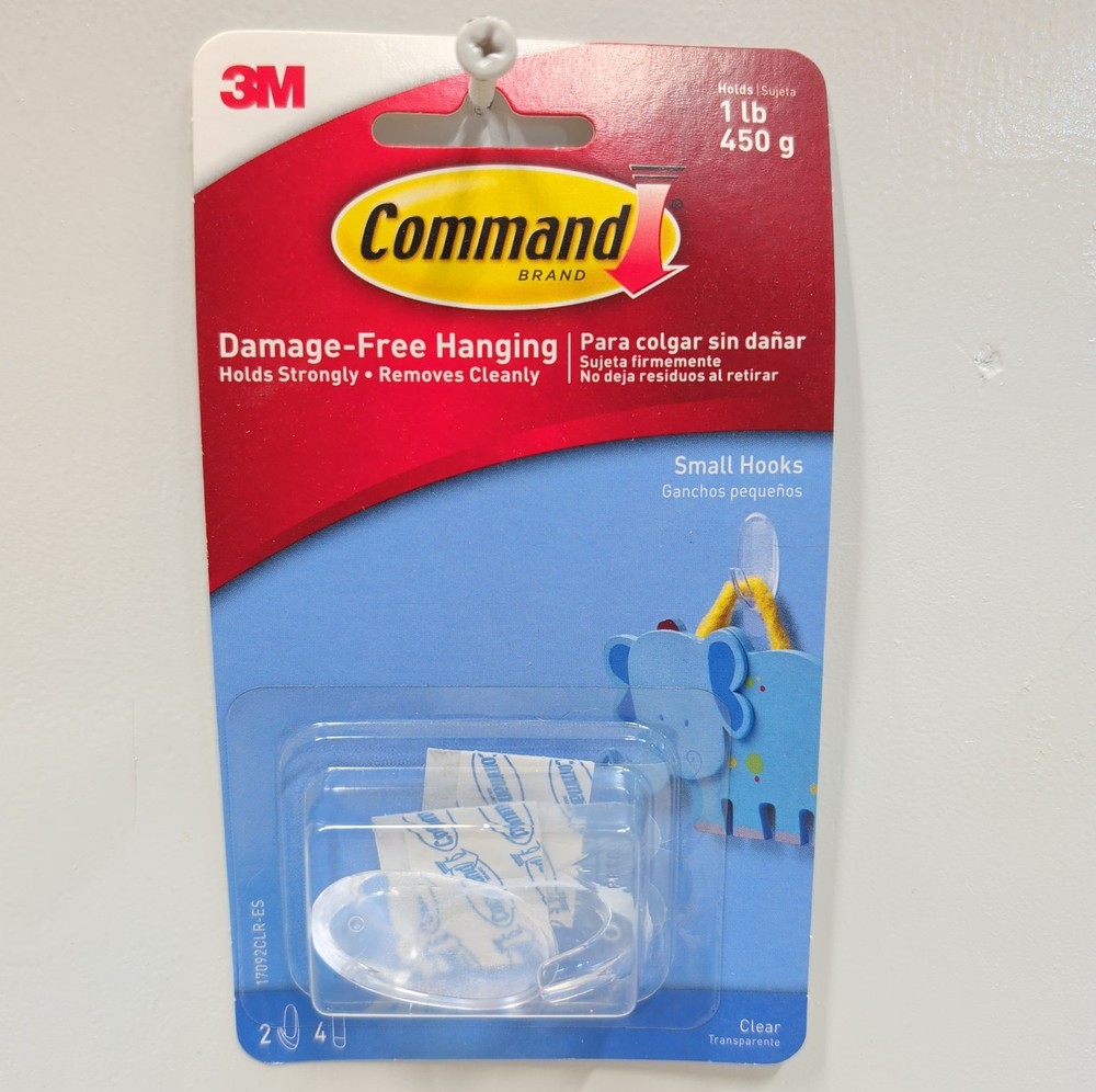 Command Clear Small Wall Hooks 2 Pack w/ 4 Adhesives Holds 1 lb Damage‑Free New