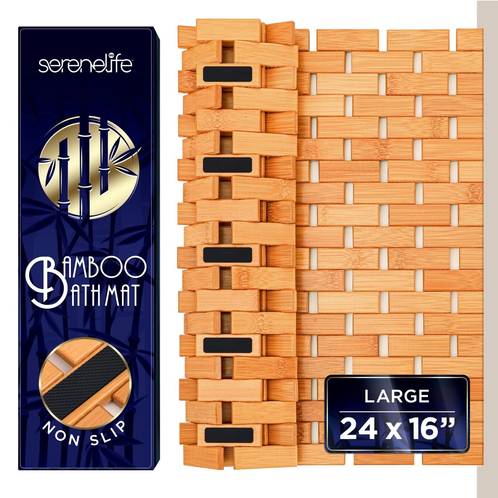 SereneLife Bamboo Floor Bath & Shower Mat with Extra Non-Slip Grips (Natural) gallery