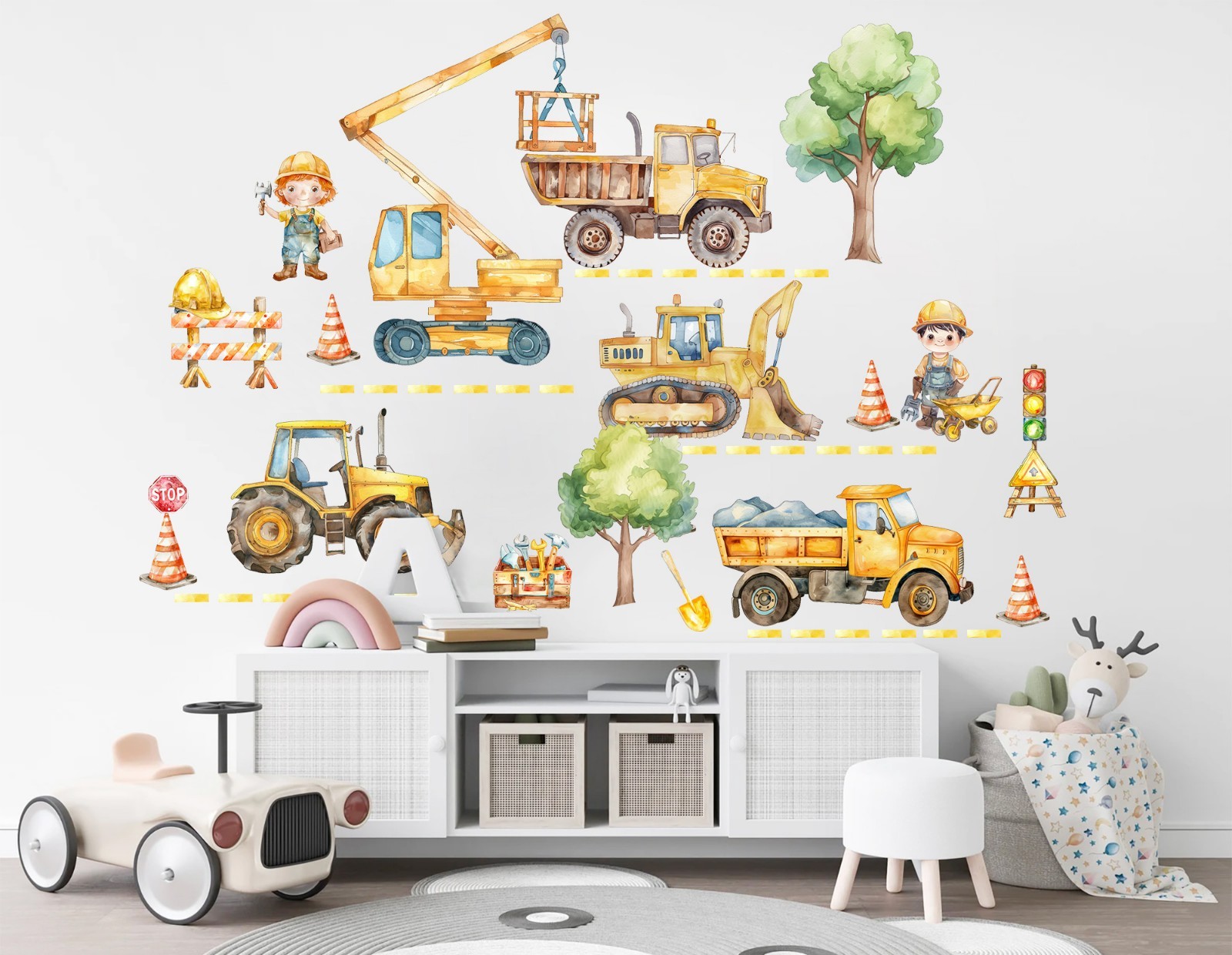 Construction Vehicles Road Wall Decal – Watercolor Diggers, Trucks & Tool- BR466 gallery