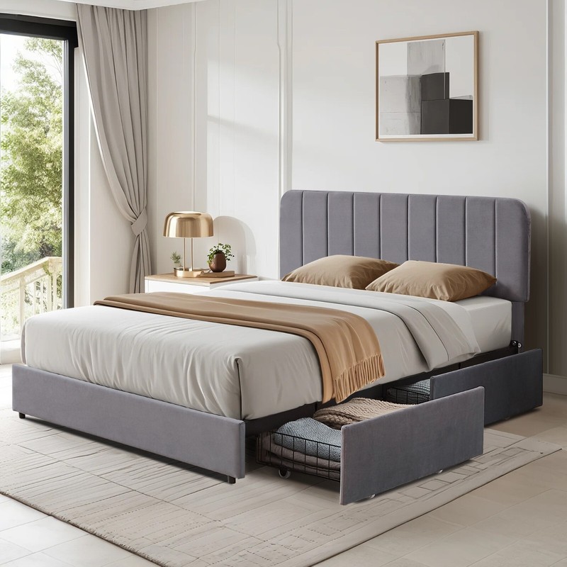 Twin Full Queen King Bed Frame Platform with Upholstered Headboard Wooden Slat gallery