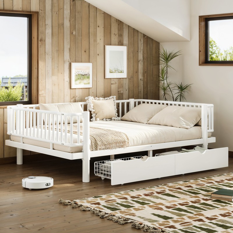 Full Size Metal MDF Platform Bed Frame Daybed Slatted W/ Storage Drawers White gallery