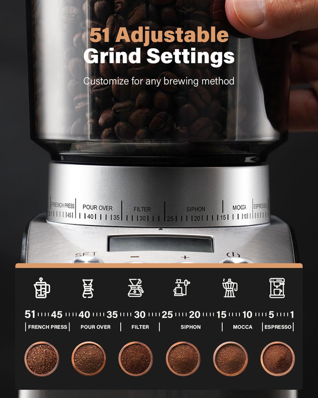 Electric Conical Burr Coffee Grinder with 51 Settings & Timer, Stainless Steel gallery