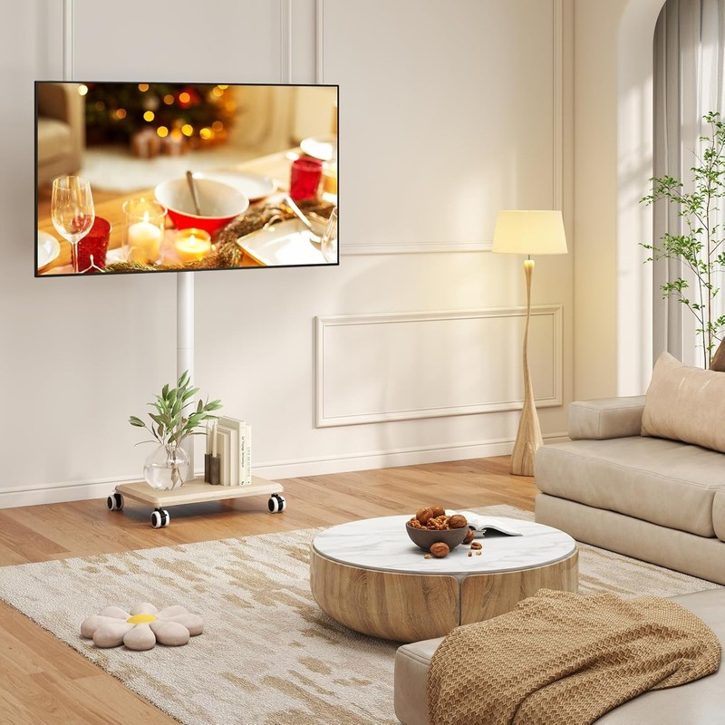 Compact Height Adjustable TV Stand for 32-60 Inch TVs White Rolling Cart gallery