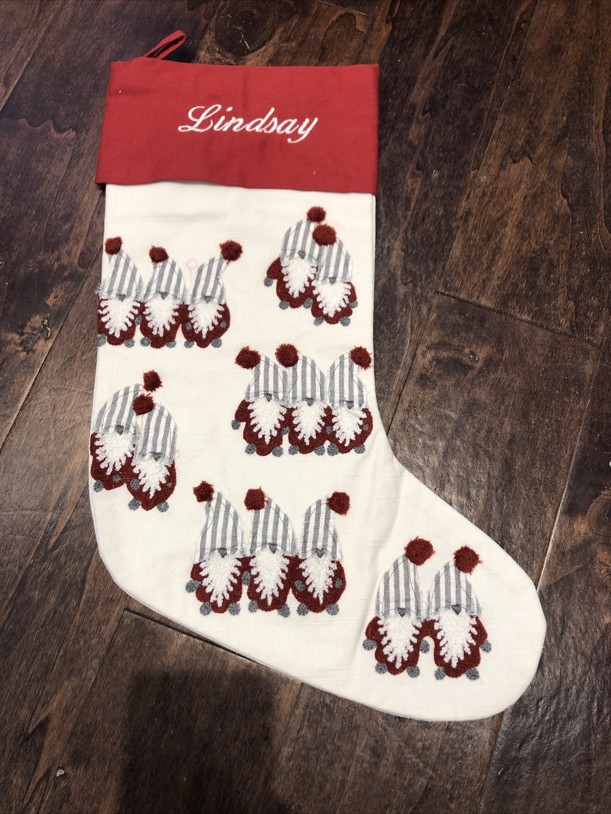 New Pottery Barn Crewel Gnomes Linen Cream & Red Christmas Stocking Mono Lindsay gallery