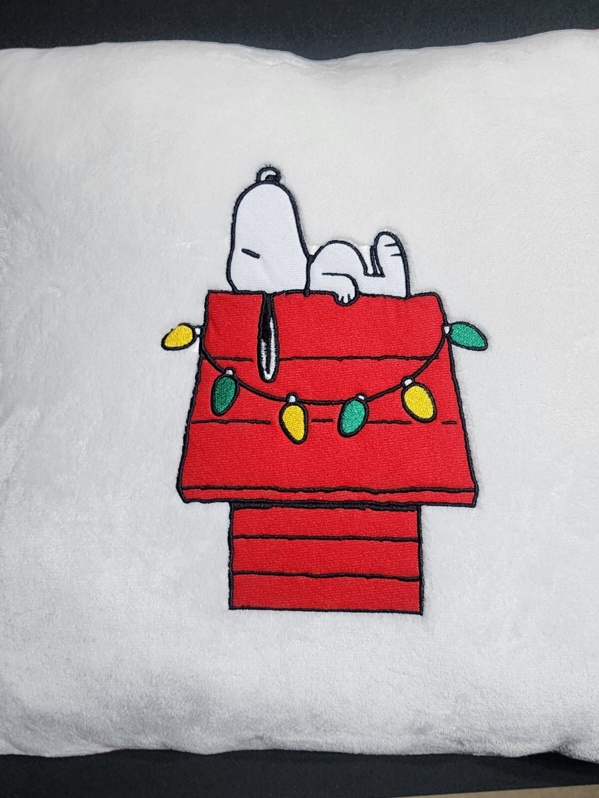 Snoopy Peanuts Christmas Decorative Pillow 20”x20” Doghouse Lights Napping New gallery