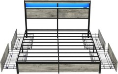 Full Queen King Bed Frame with Storage Headboard ,Charging Station & LED Lights