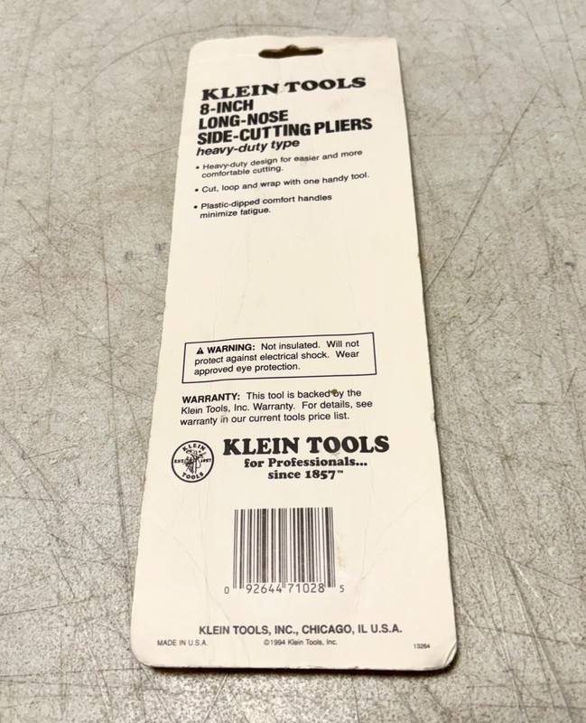 VTG. 1994 KLEIN TOOLS 8" SIDE CUTTING LONG NOSE PLIERS BRAND NEW SEALED D203-8 gallery