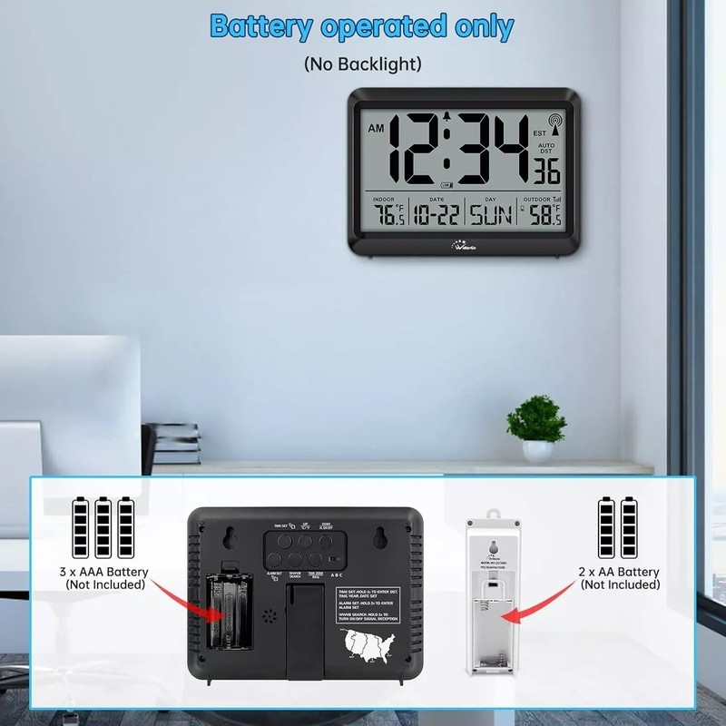 Atomic Clock With Indoor Outdoor Temperature, Self-setting Digital Wall gallery