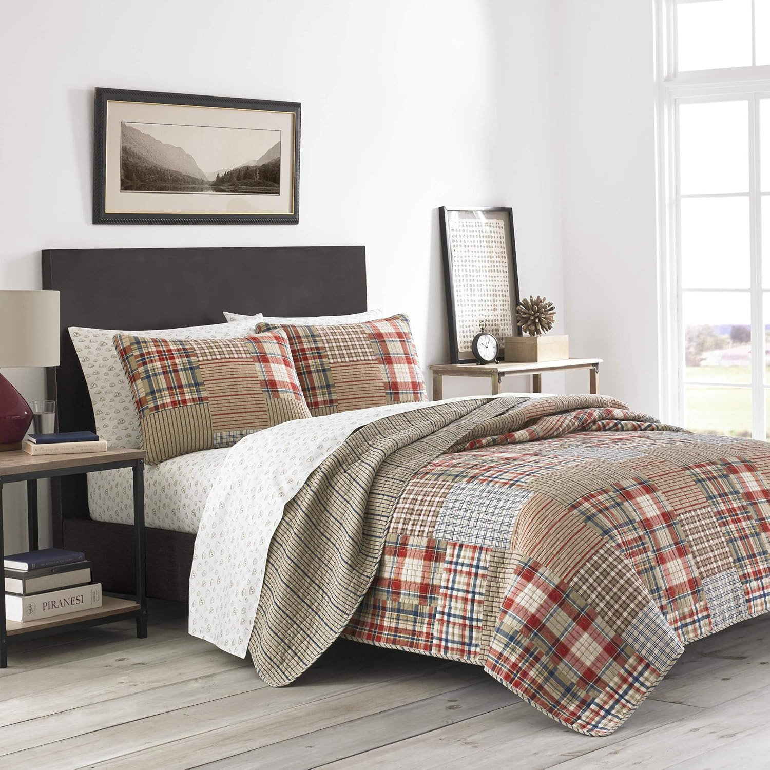 King Quilt Set Reversible Cotton Bedding Patchwork Shams Rustic Brown Indigo3pc gallery