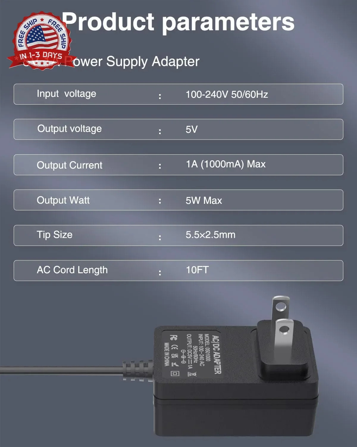 5V 1A Power Supply 5Volt 1Amp AC Adapter 100-240V DC 5V Power Cord 10FT,5.5mm x gallery