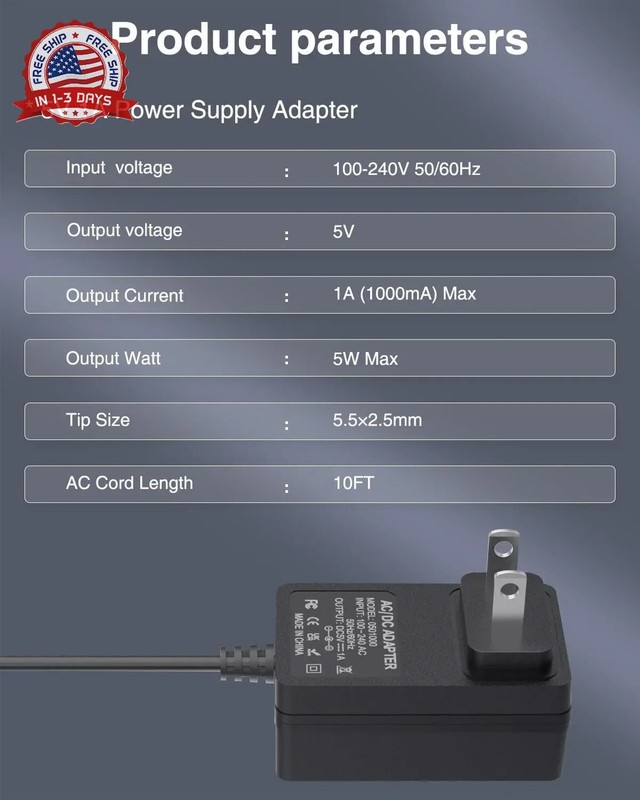 5V 1A Power Supply 5Volt 1Amp AC Adapter 100-240V DC 5V Power Cord 10FT,5.5mm x gallery