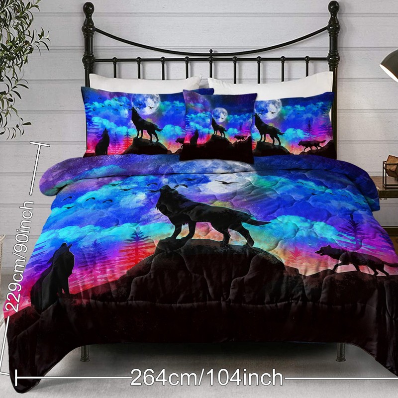 4pcs Wolf Comfoter Set Queen King Size, Evening Moon Wolf Howl Boys Bedding Set gallery