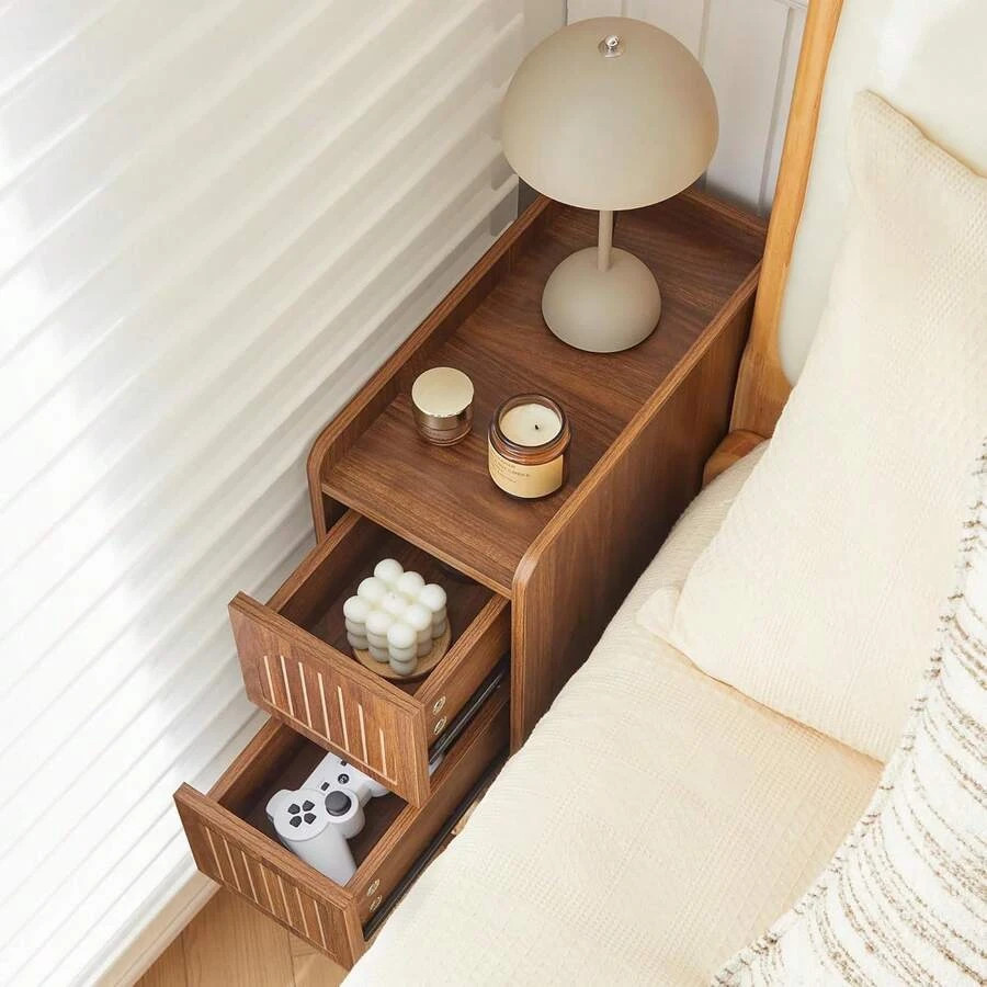 NEW Fluted Narrow Nightstand Bedside Table 2 Drawers Walnut gallery