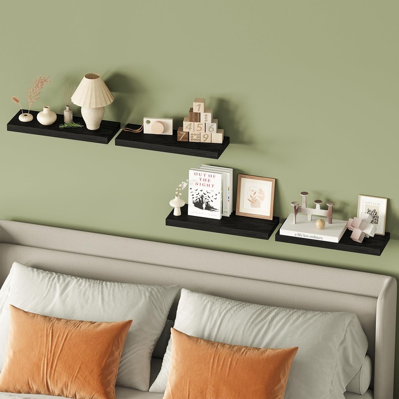 Black Wall Mounted Floating Shelves Rustic Wood Set of 4 15.8-Inch Storage gallery
