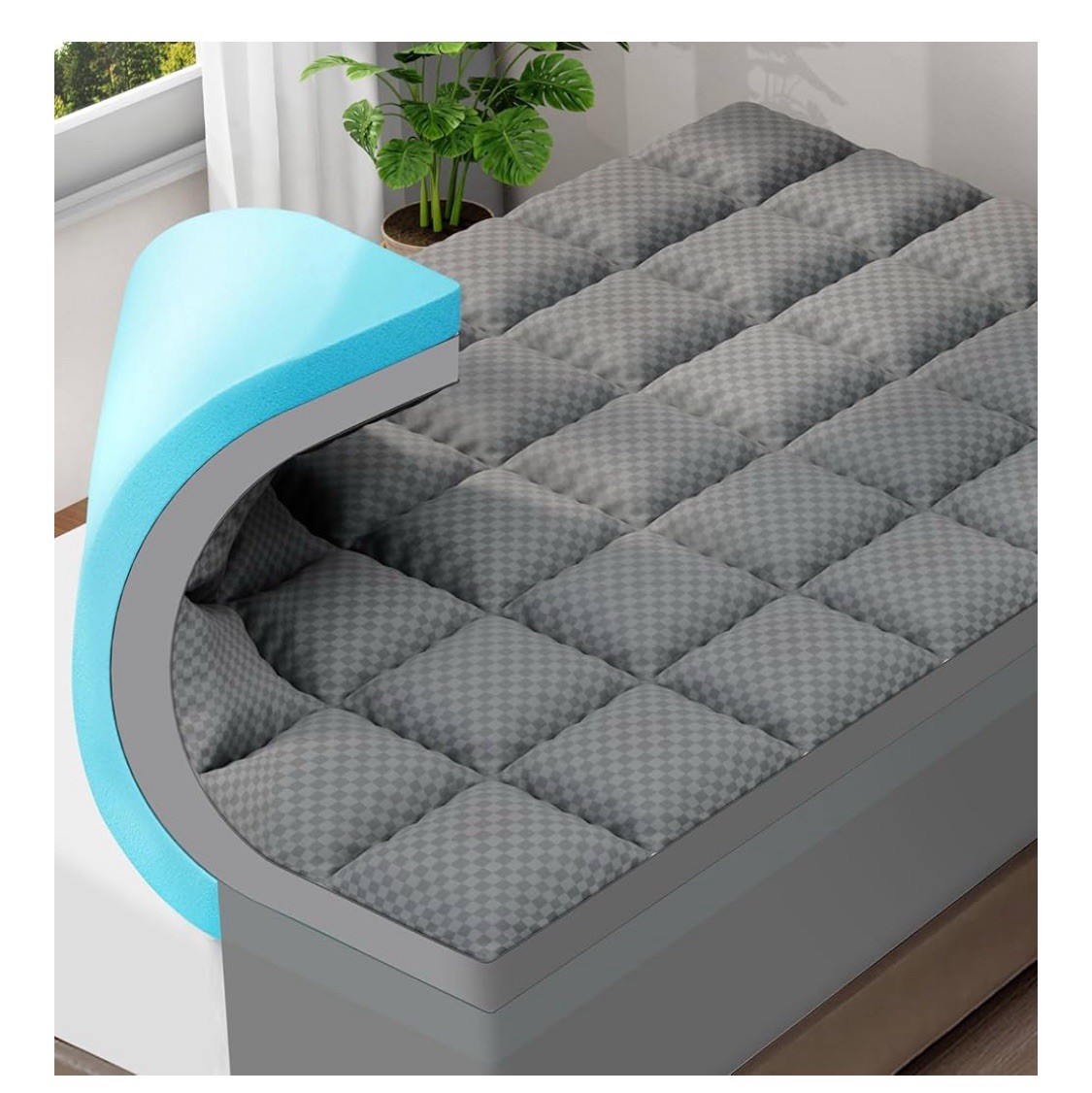 OLANLY Queen Mattress Topper – Viscose Bamboo Cooling Pillow Top, Dark Gray gallery